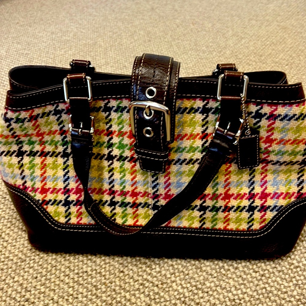 Coach purse - rainbow color threading.